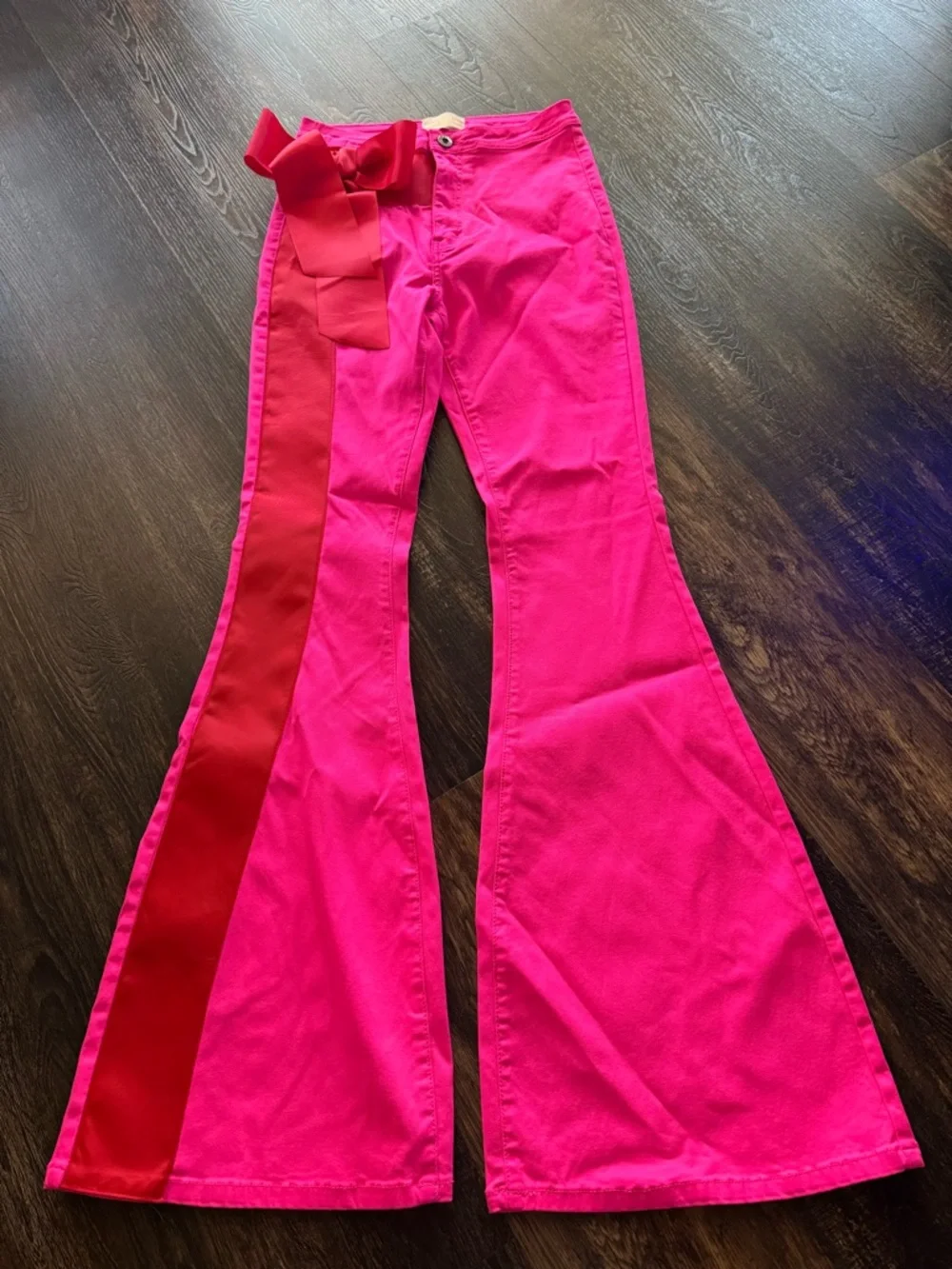 Judith March Hot Pink Boot Cut Pants with Red Ribbon Trim - Picture 2 of 10
